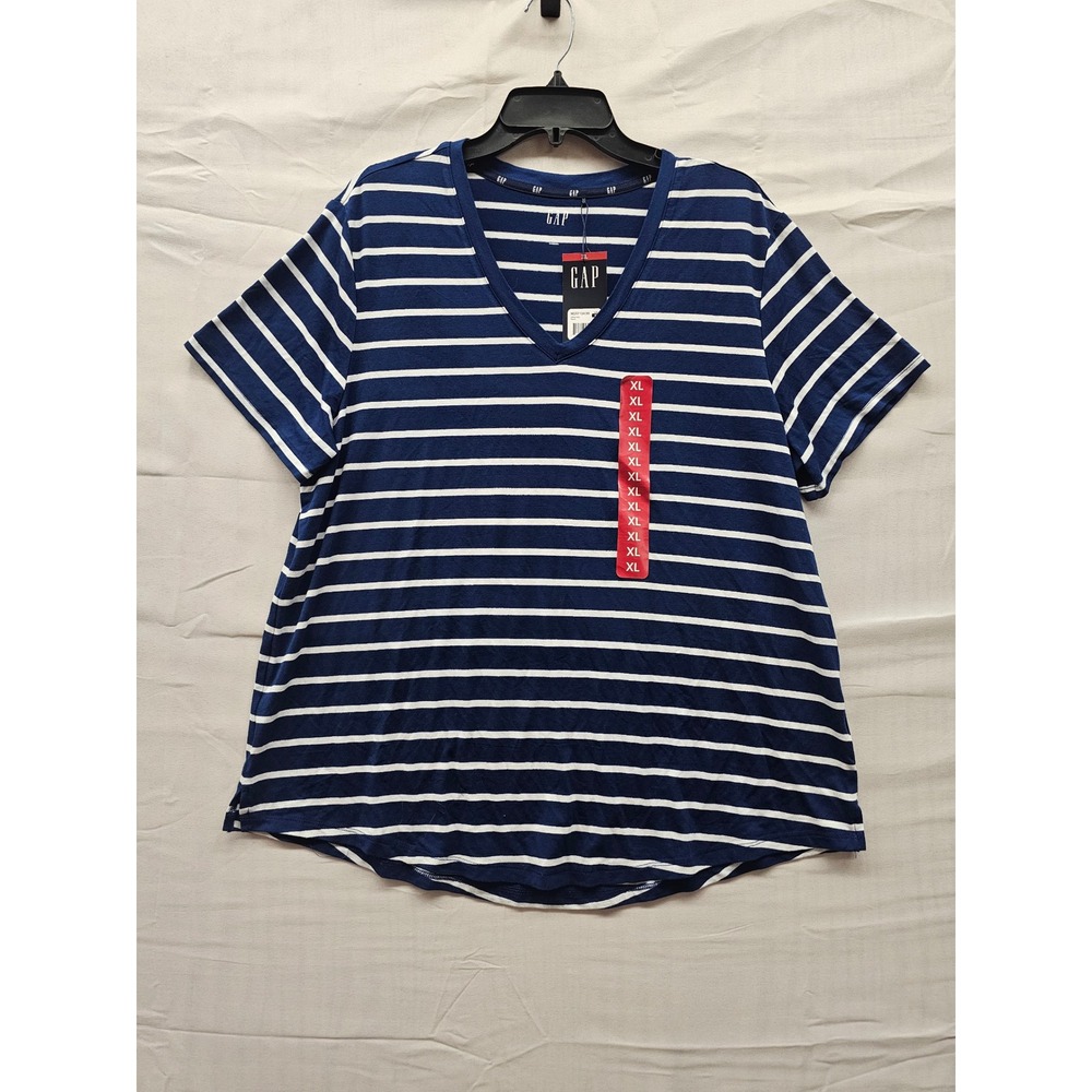 Gap Womens XL Navy Blue White Striped V-Neck Short Sleeve T-Shirt GP007932 NWT